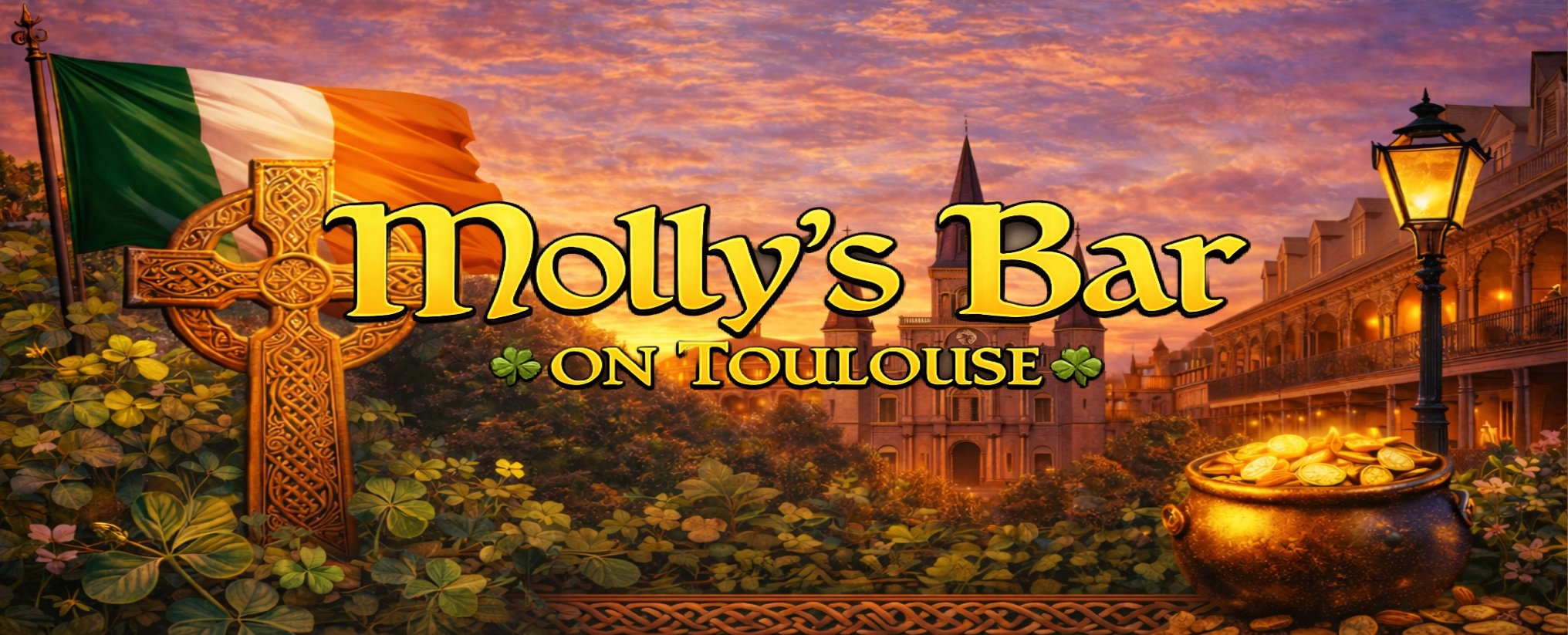Molly's Bar on Toulouse header banner with French Quarter and Irish themed background